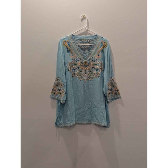 Soft Surroundings Women's Blue Embroidered 3/4 Sleeve V-Neck Tunic Top - Picture 4 of 15